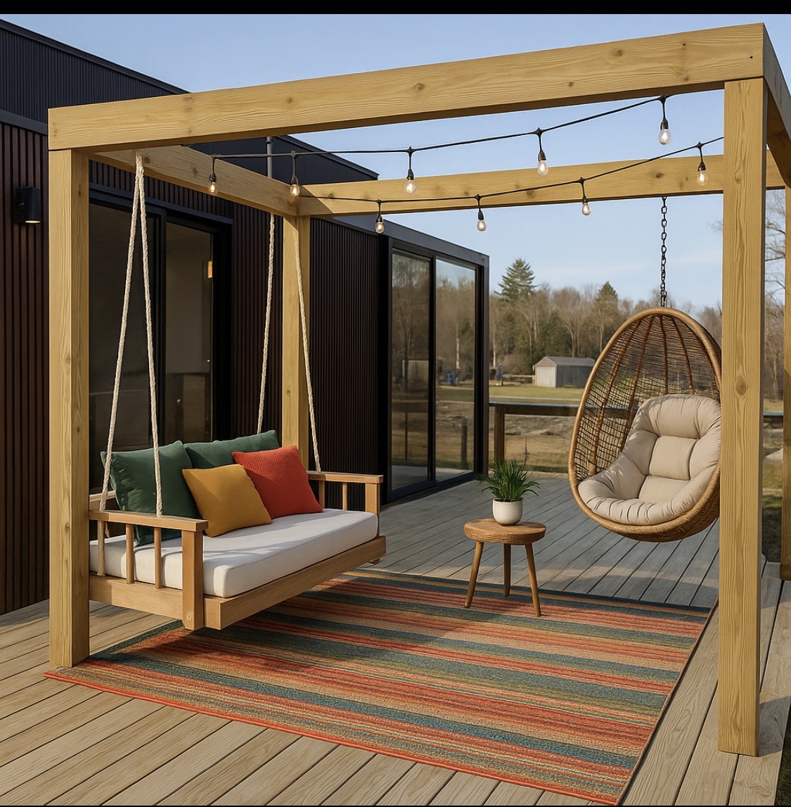 Outdoor glamping deck with pergola, swing bench, egg chair, and string lighting