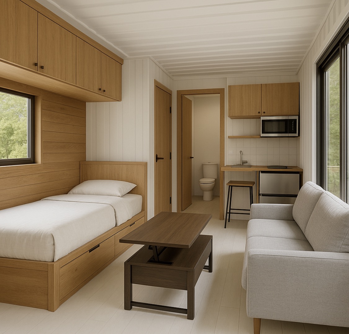 Interior of a Hampton Lake Glamping unit with wood finishes, bed, sofa, kitchenette, and bath