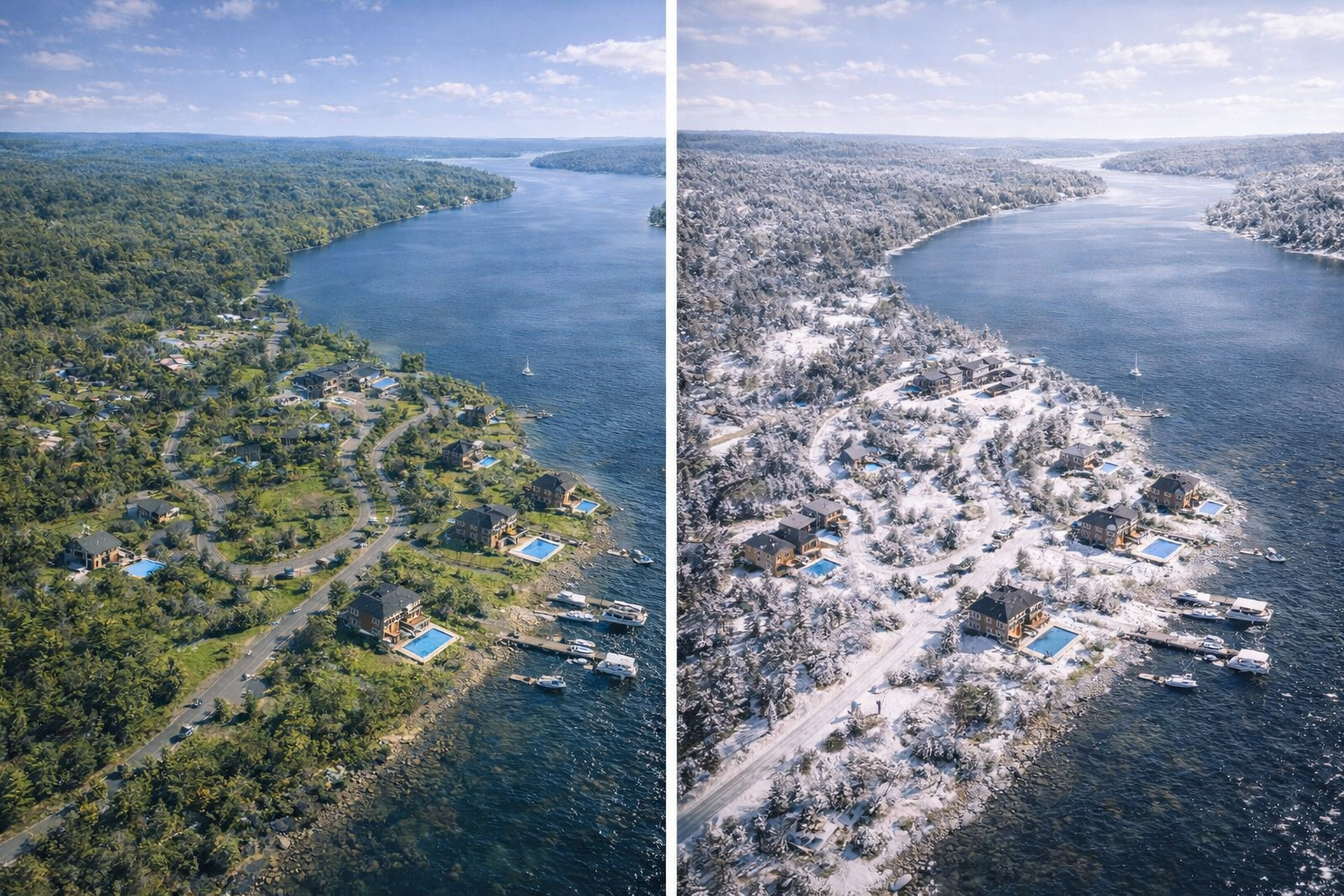 Summer and winter comparison rendering for Hampton Resort Estate